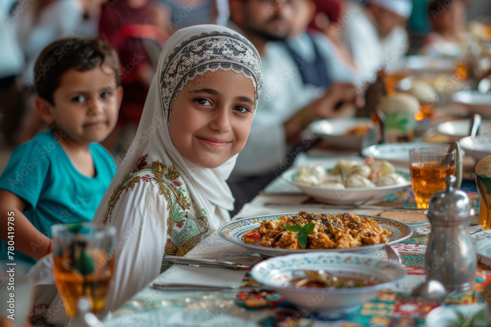 Young Muslim girl in a white headscarf sitting at a Ramadan table