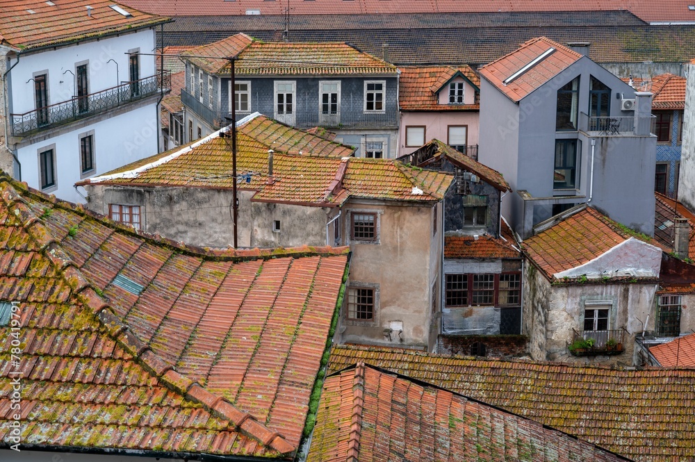 Brown brick rooftops of old buildings in Porto, Portugal