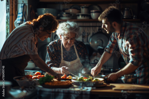 Family cooking together in the kitchen, AI-generated.