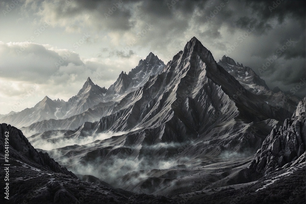 Fantasy style drawing of dark, grey, wicked, scary mountain