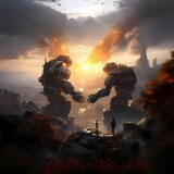 AI generated illustration of robotic mechs engaged in a dynamic battle on a mountainous landscape