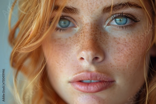 AI generated illustration of a redhead woman with freckles making eye contact with the camera