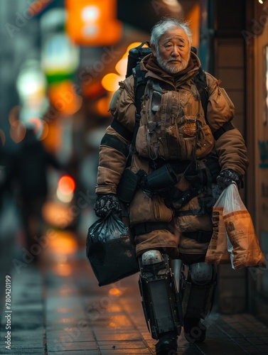 AI generated illustration of an elderly man strolling with his belongings in hand on the street
