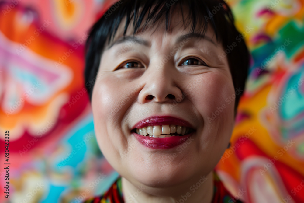 AI generated illustration of an Asian woman with a bright smile on a colorful background AI generated illustration of an Asian woman with a bright smile on a colorful background