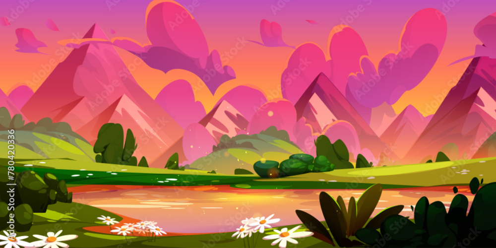 Fototapeta premium Mountain landscape with lake and daisy flowers on banks on sunset or sunrise. Pond or river near foot of high rocky hills with orange and pink gradient sky with clouds. Cartoon vector evening scenery.