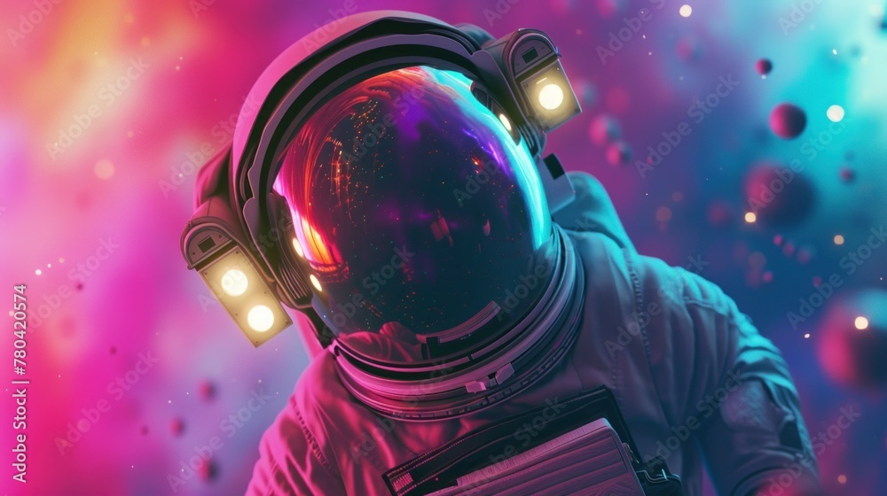 Astronaut at the spacewalk on the moon. Neon light with reflections in the glass of the suit Astronaut at the spacewalk on the moon. Neon light with reflections in the glass of the suit