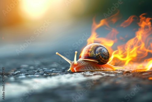Whimsical depiction of a snail with wheels racing fast with flames behind