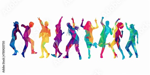 The silhouette of a performing dance troupe with dynamic poses in multicolored tones and a watercolor gradient on a white background, reminiscent of a bright dance performance.