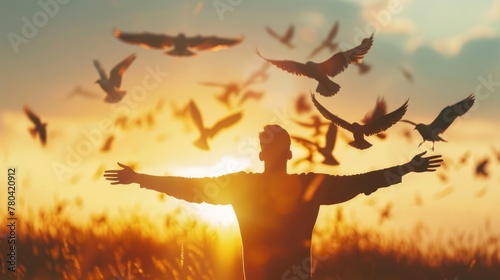 space man rise hand up on top of mountain and sunset sky with birds fly abstract background.