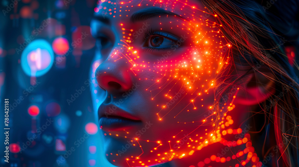 AI-generated illustration of human features seamlessly with digital circuits and LED lights