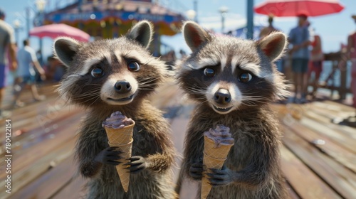 A crowded boardwalk witnesses a pair of raccoons accidentally swapping ice cream cones. 