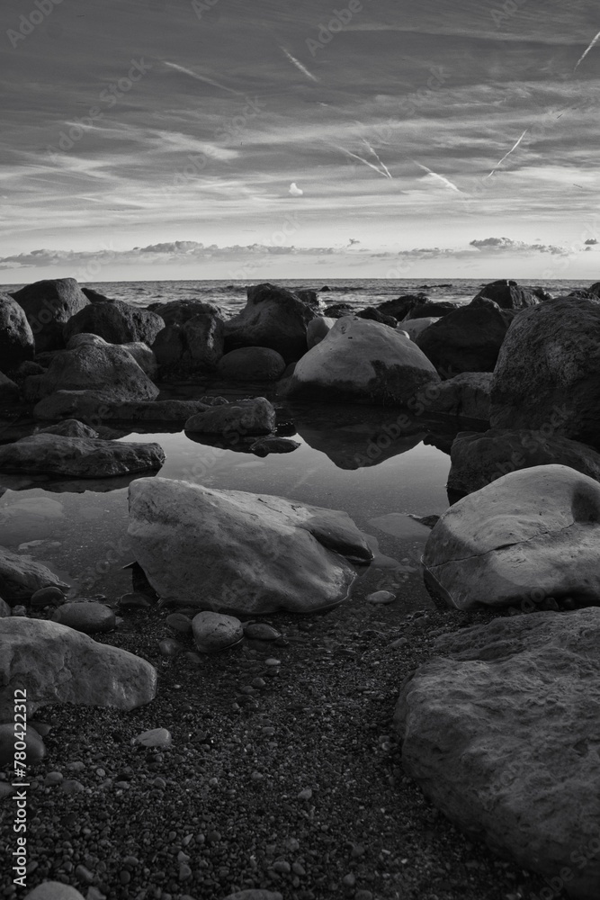 Vertical black and white shot of big stone in the water Vertical black and white shot of big stone in the water