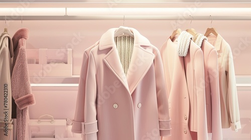 A sophisticated display of a white-pink-wine coat and sweater on hangers in a high-end fashion store. These classic pieces showcase timeless elegance in women's fashion.