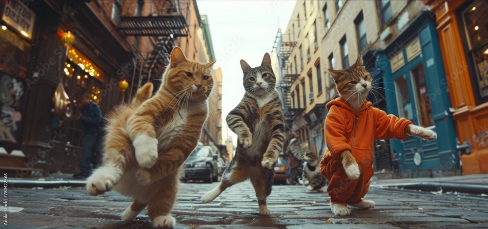On a bustling city street, a trio of cats tries to form a hip-hop dance crew but ends up hilariously out of sync. Fairy tale illustration. 