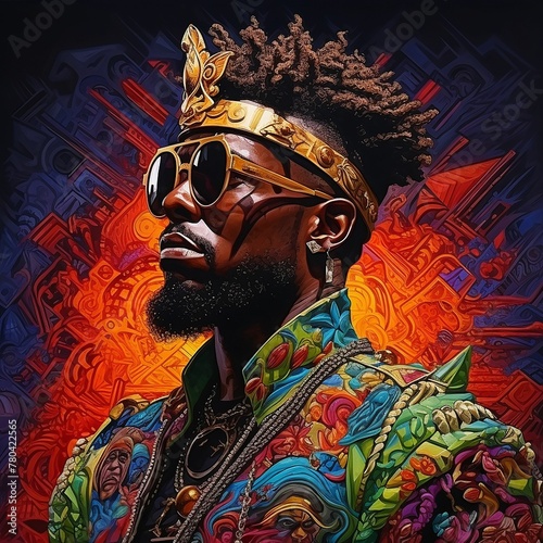 AI generated illustration of an African American male with sunglasses and a  colorful background photo