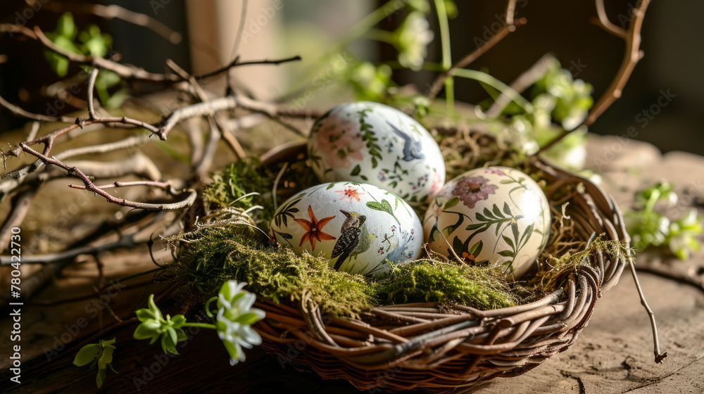 Obraz premium AI generated illustration of colorful Easter eggs in a nest beside green vines on a windowsill