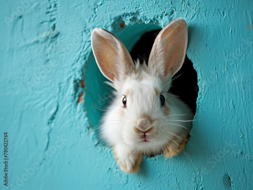 AI generated illustration of a white Easter rabbit in tiny blue wall burrow