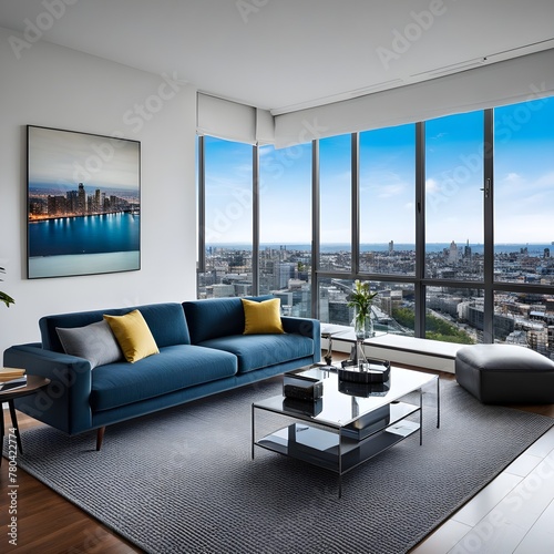 beautiful modern living room design by a architect in a apartment with view on the city © didier