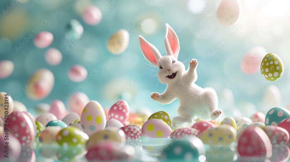 AI generated illustration of a bunny hunting Easter eggs in a field