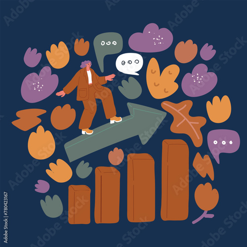 Cartoon vector illustration of Development, Stock market rising, positive growing concept. Young positive confident businesswoman riding fast speed on development arrow meaning success in business dar