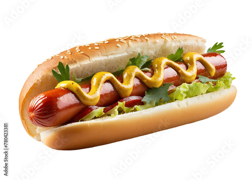 Delicious hot dog with ketchup and mustard, isolated on white cut out transparent background. unhealthy eating habits concept.