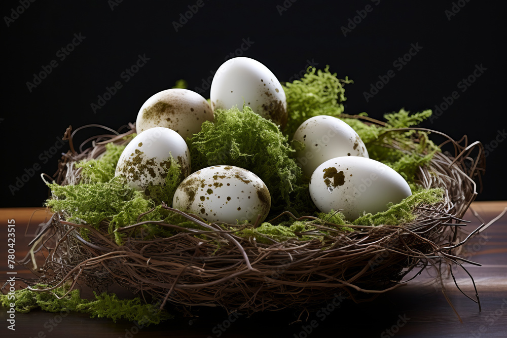 AI generated illustration of Easter eggs in the nest on table with moss AI generated illustration of Easter eggs in the nest on table with moss