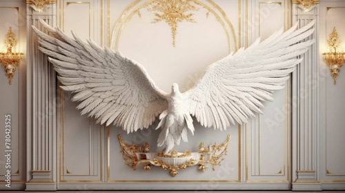 AI generated illustration of an elegant white living room with a white eagle sculpture on the wall