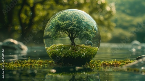 nature refracted through a lens ball, as a verdant green tree is seen inverted within the sphere, creating a mesmerizing and surreal perspective. photo