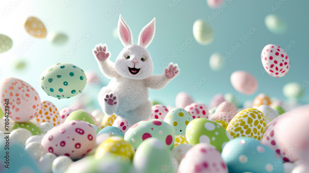 AI generated illustration of an Easter bunny dropping colorful eggs in the air AI generated illustration of an Easter bunny dropping colorful eggs in the air