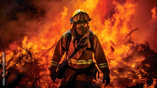A heroic fireman standing courageously in the midst of a blazing inferno