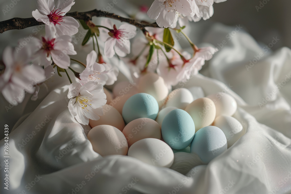 AI generated illustration of Easter eggs and cherry blossoms with a blooming branch in a composition AI generated illustration of Easter eggs and cherry blossoms with a blooming branch in a composition