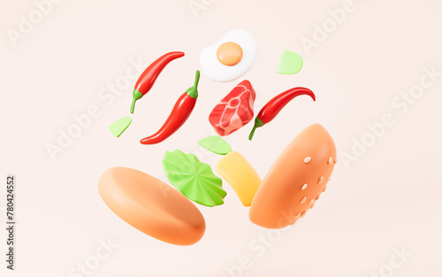 Cartoon chilies and meat burger, 3d rendering.