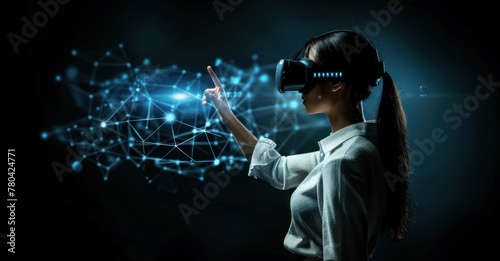 Virtual Innovation: Businesswoman Engaging with VR Interface on Abstract Backdrop