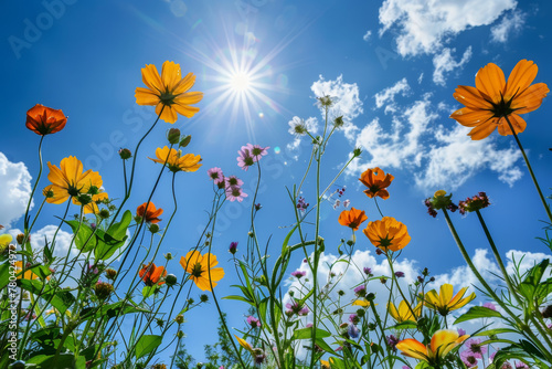 AI-generated illustration of a Bright sun illuminating flowers under a blue sky