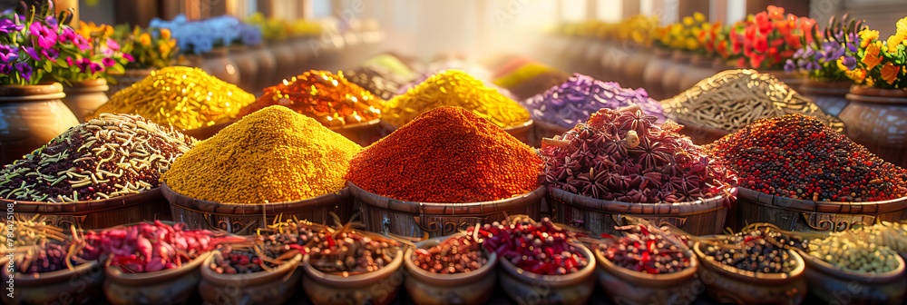 Obraz premium Market of Colors: A Vibrant Display of Spices, Inviting a Sensory Exploration of Flavors and Cultures