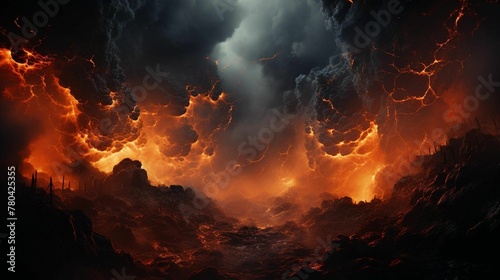 an orange fire flowing down from the inside of a volcano photo