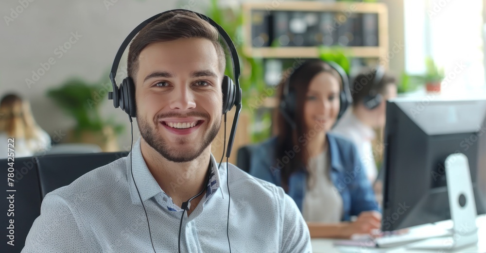 Customer Service Excellence: Smiling Call Center Operator Assists Online
