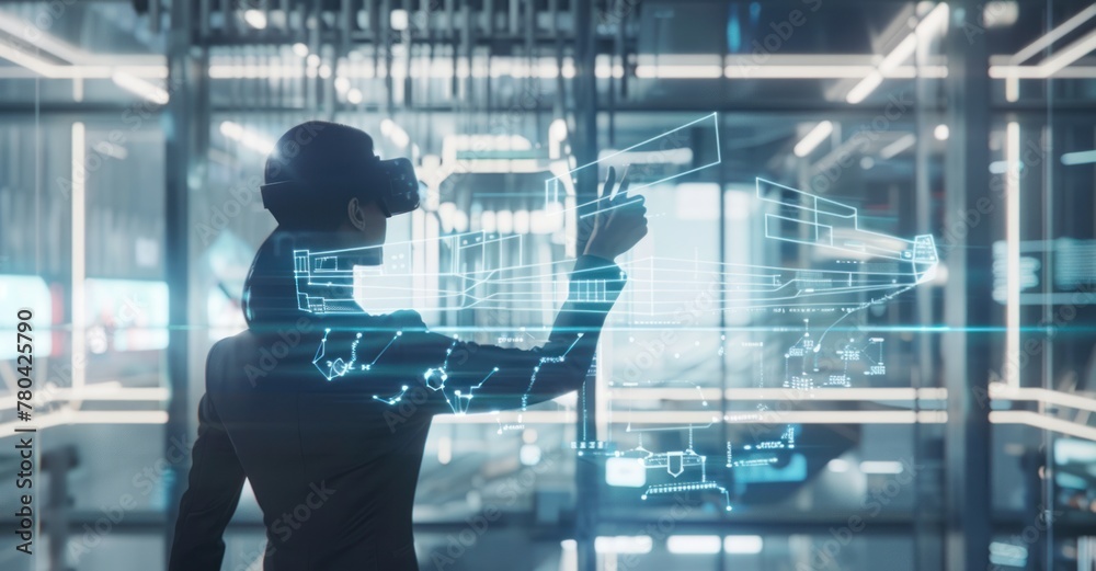 Exploring the Metaverse, Businesswoman Ventures into Virtual Reality Office Exploring the Metaverse, Businesswoman Ventures into Virtual Reality Office