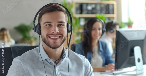 Customer Service Excellence: Smiling Call Center Operator Assists Online