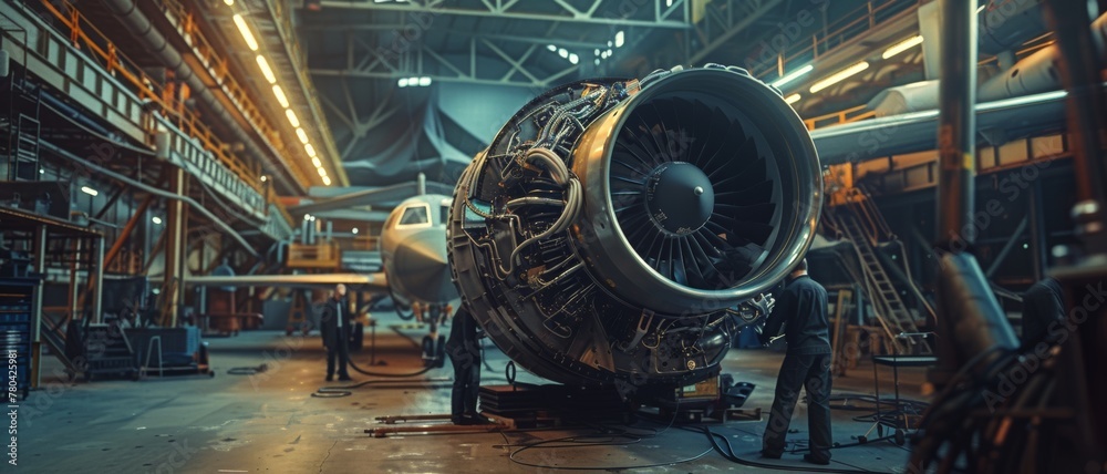 Massive aircraft engine under maintenance in a hangar.