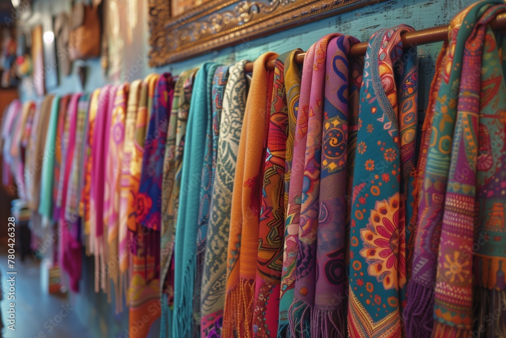 Vibrant boho scarves displayed in a boutique, AI-generated.