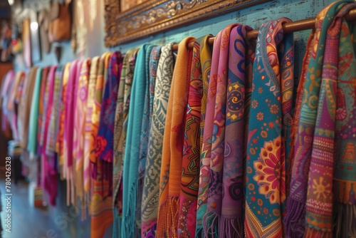 Vibrant boho scarves displayed in a boutique, AI-generated.