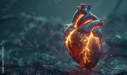 Realistic human heart with glowing red veins on a dark blue abstract background. photo