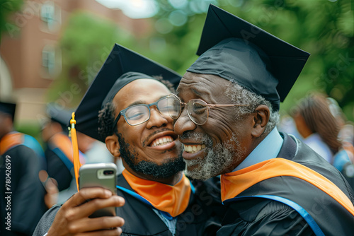 College graduate son kissing happy father taking selfie dad photo