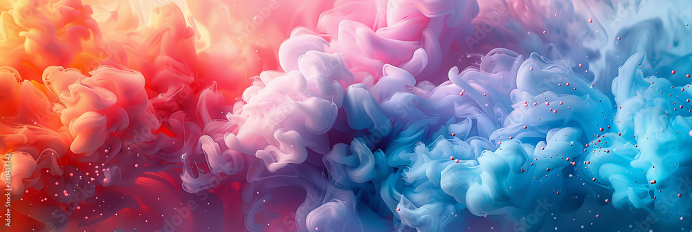 Fototapeta premium Close up of colorful ink clouds, colorful smoke clouds, rainbow smoke, pink blue red yellow purple smoke background