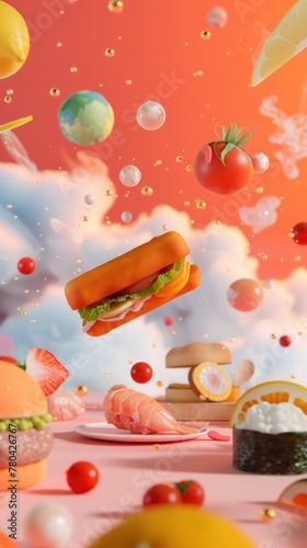 Holographic 3D food icons floating and spinning