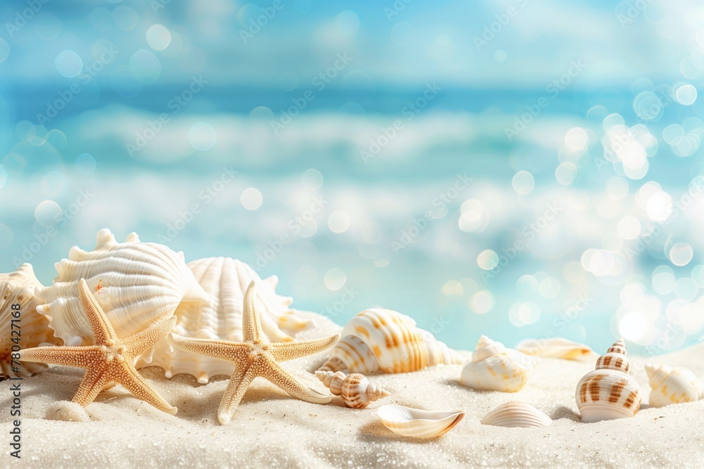 Starfish and seashells on the white sand beach and with blue sea on background, blurred background, summer vacation concept. Copy space. Starfish and seashells on the white sand beach and with blue sea on background, blurred background, summer vacation concept. Copy space.