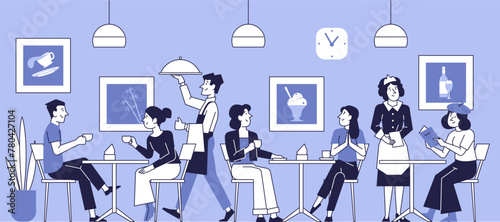 People eat and chat at tables in a restaurant. Vector illustration of a catering establishment.