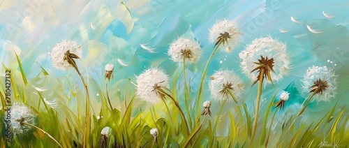 Fototapeta Naklejka Na Ścianę i Meble -  Oil painting of fluffy white dandelions in the green grass against the backdrop of a light turquoise sky.