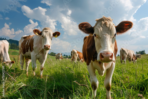 a group of cows stand in a field with clouds above